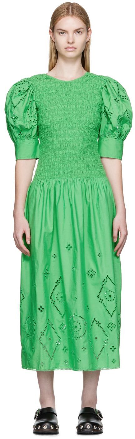 Ganni Green Broderie Anglaise Midi Dress Ssense