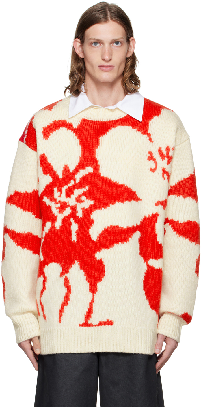 Dries Van Noten Pull Blanc Cass Et Rouge En Tricot Jacquard Ssense