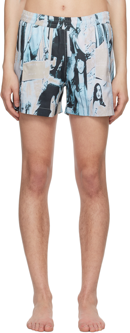 Blue Printed Swim Shorts By Serapis On Sale