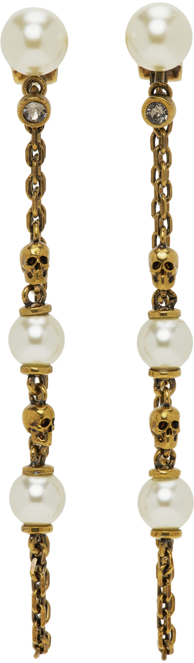 Alexander Mcqueen Gold Pearl Skull Drop Chain Earrings Ssense Canada