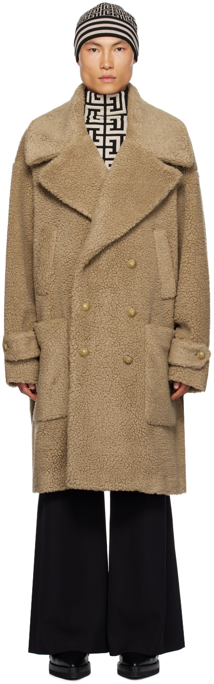 Balmain Beige Double Breasted Coat SSENSE