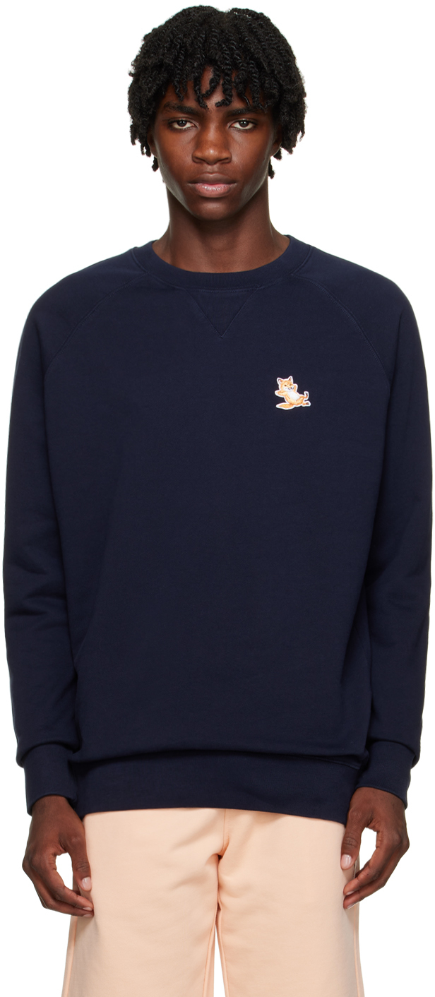 Pull Molletonn Bleu Marine Logo De Renard Maison Kitsun En Solde