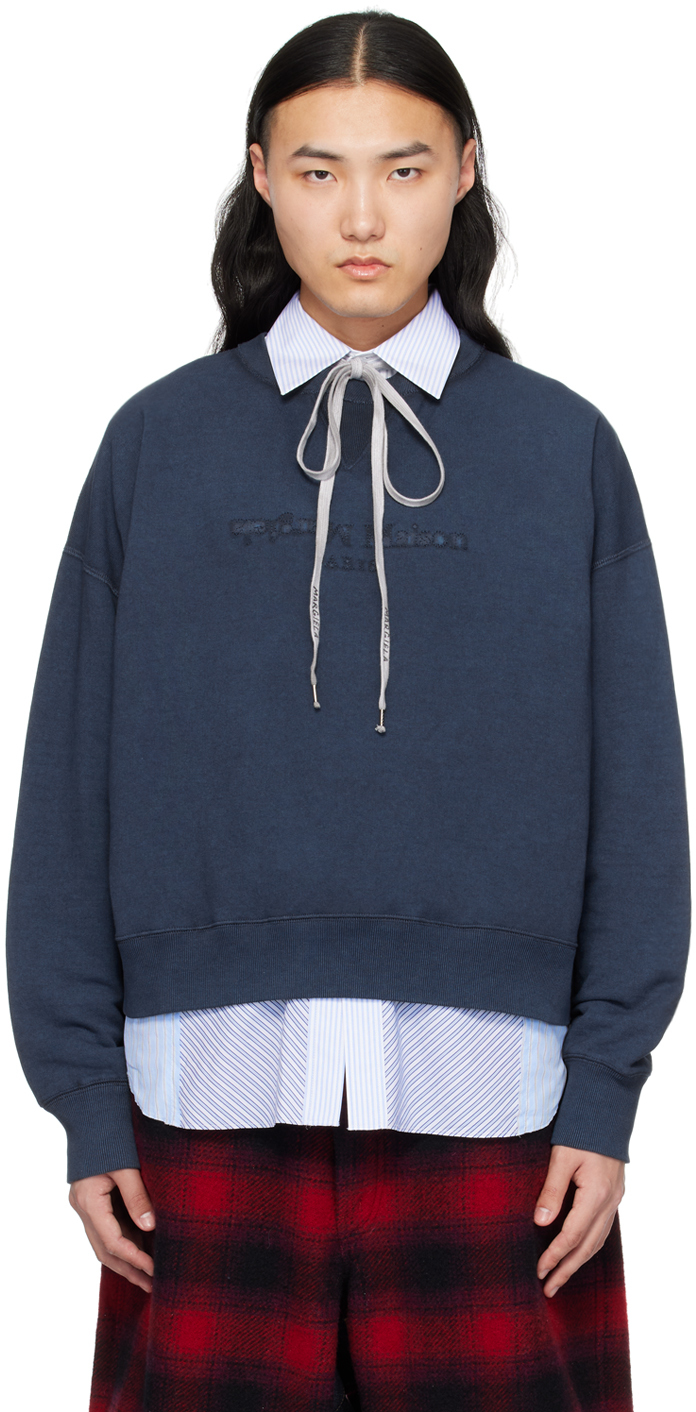 Pull Molletonn Bleu Marine Logo Maison Margiela En Solde