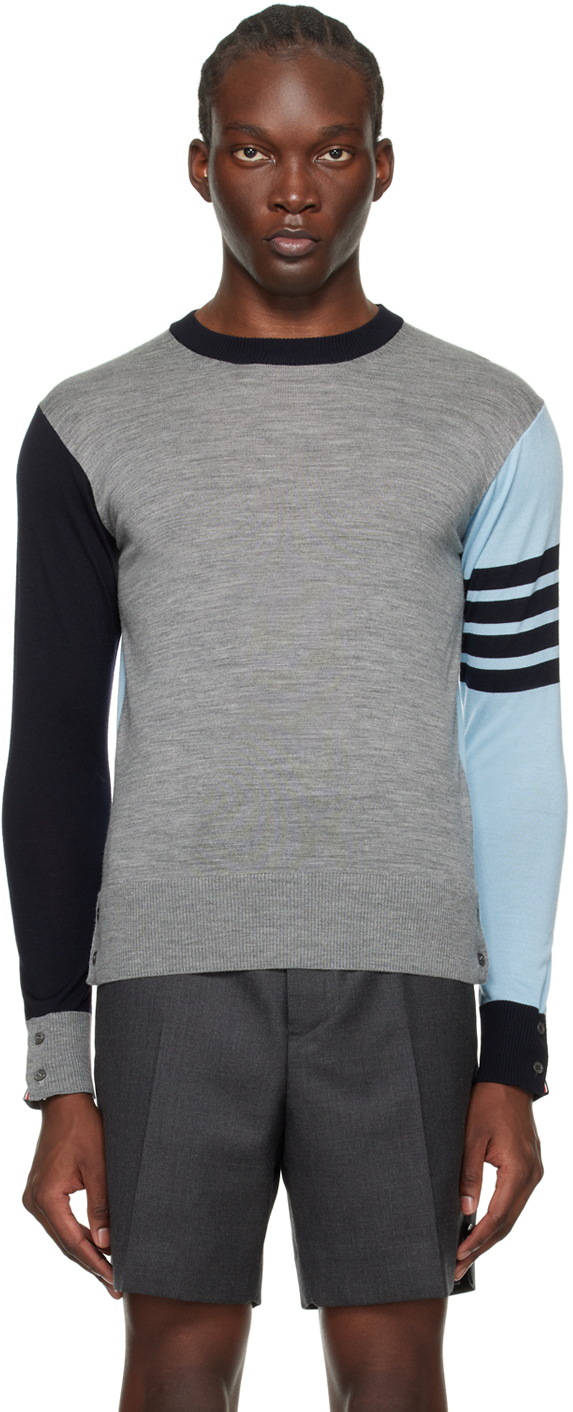 Blue Gray Funmix Bar Sweater By Thom Browne On Sale