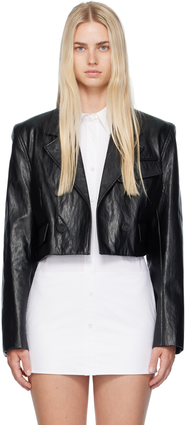 Black Cropped Faux Leather Jacket By Recto On Sale