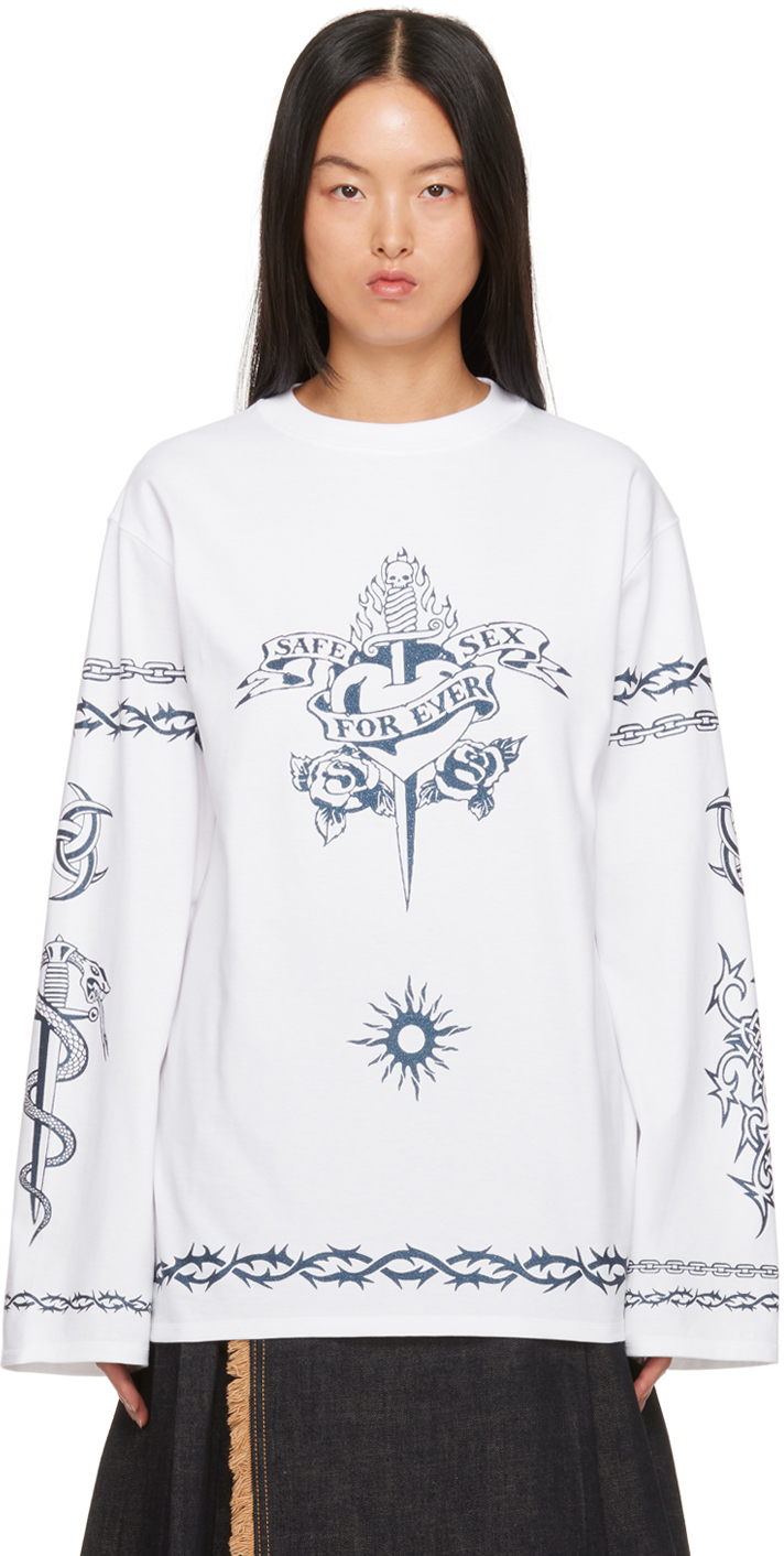 White Safe Sex Long Sleeve T Shirt By Jean Paul Gaultier On Sale