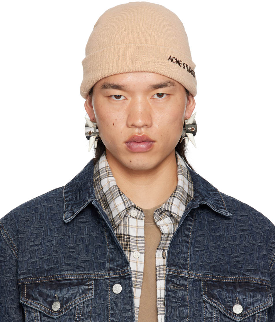 Acne Studios Beige Embroidered Logo Beanie SSENSE