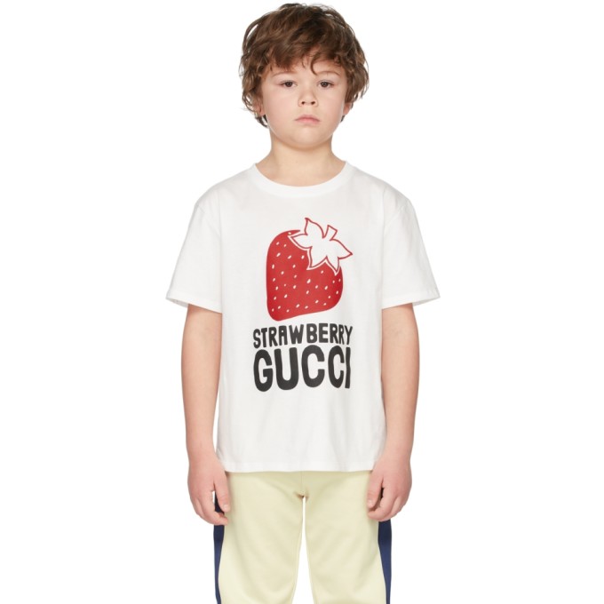 Kids White Strawberry Gucci Print T-Shirt