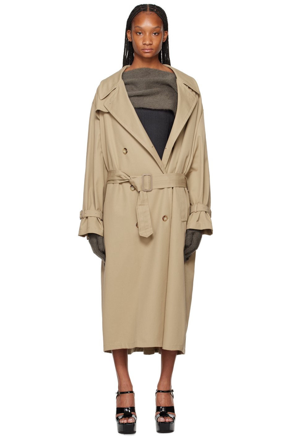 Beige Notched Lapel Trench Coat