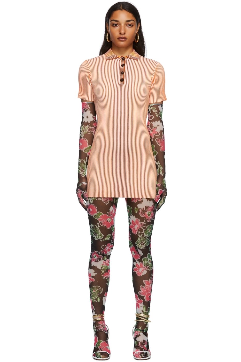 SHUTING QIU - Orange & White Rib Knit Mid-Length Dress