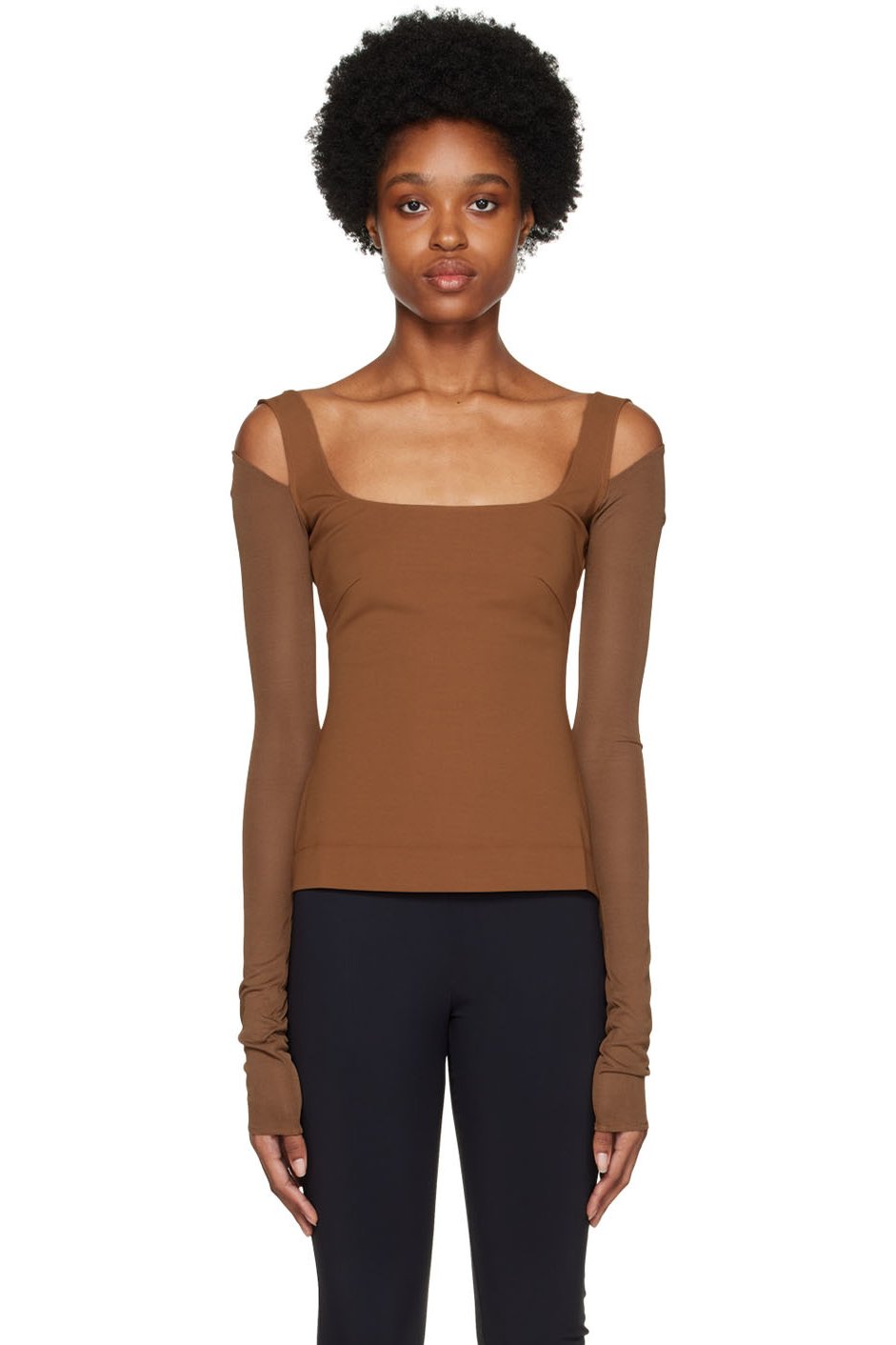 Nensi Dojaka - T-shirt à manches longues brun à découpes