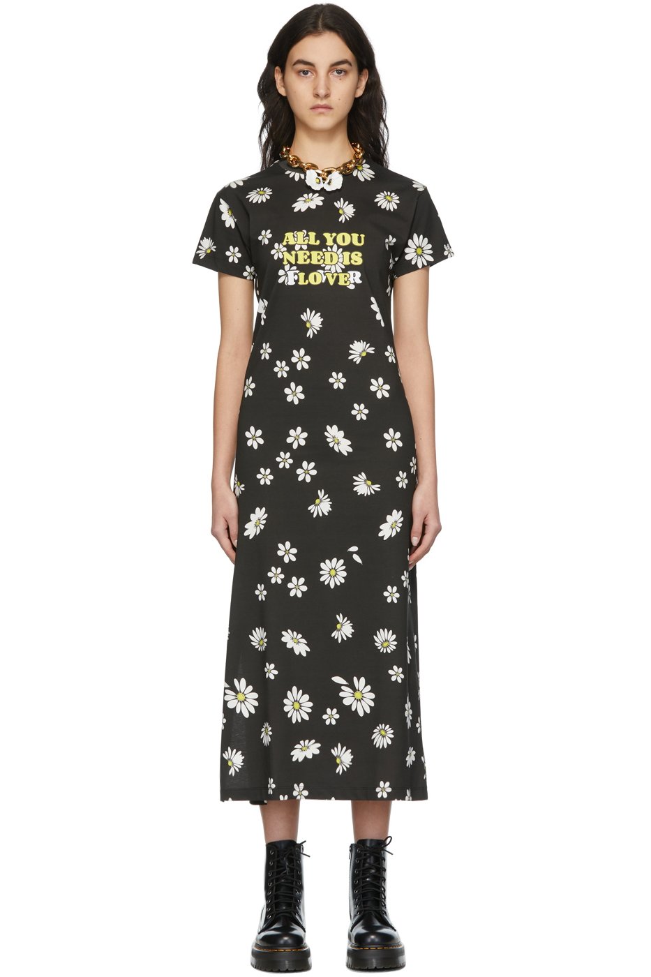 Rabanne - Robe noire en coton bio à motif fleuri exclusive à SSENSE