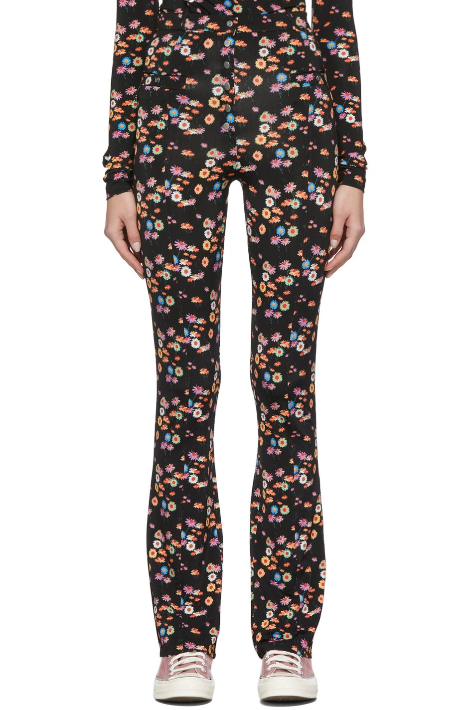 Rabanne - Pantalon drapé noir à motif fleuri multicolore exclusif à SSENSE