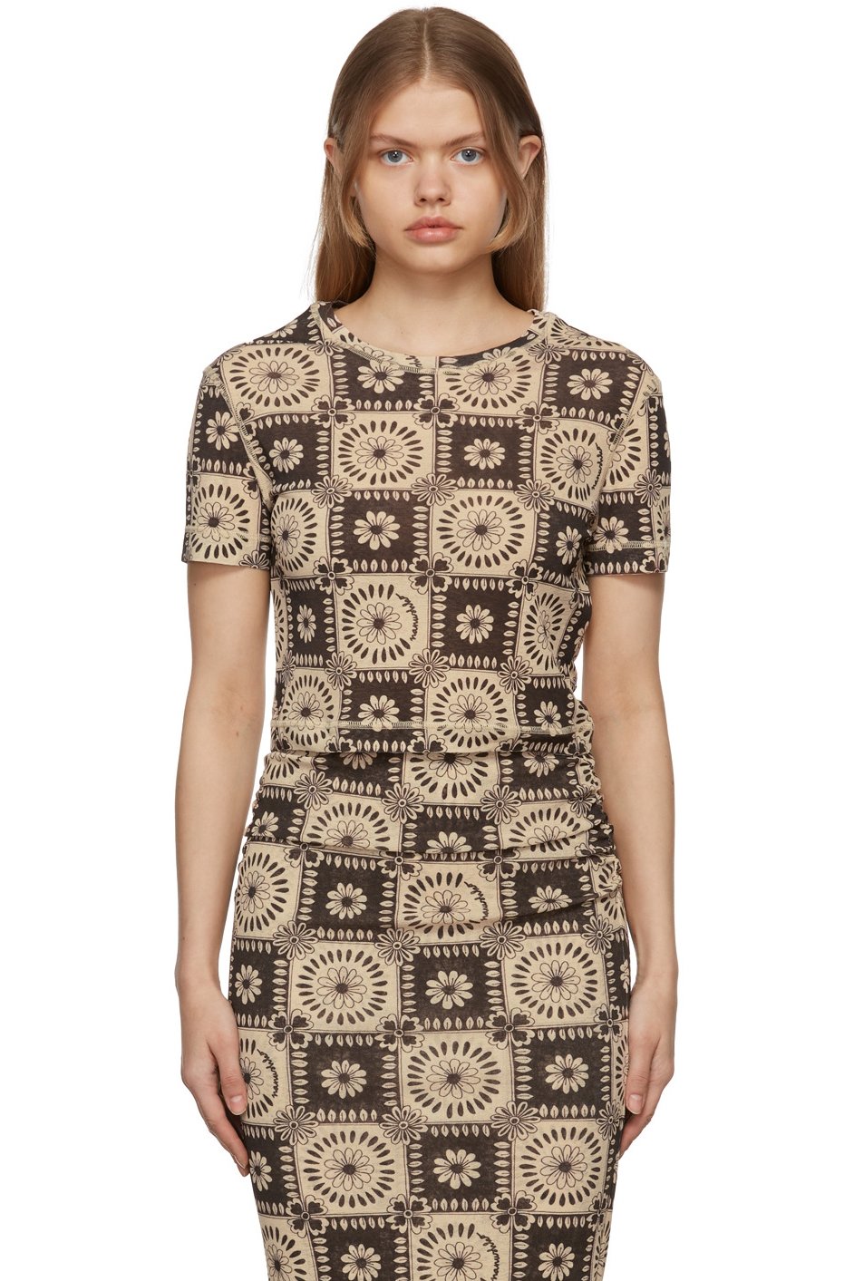 Nanushka - T-shirt Nilo brun et beige à motif graphique