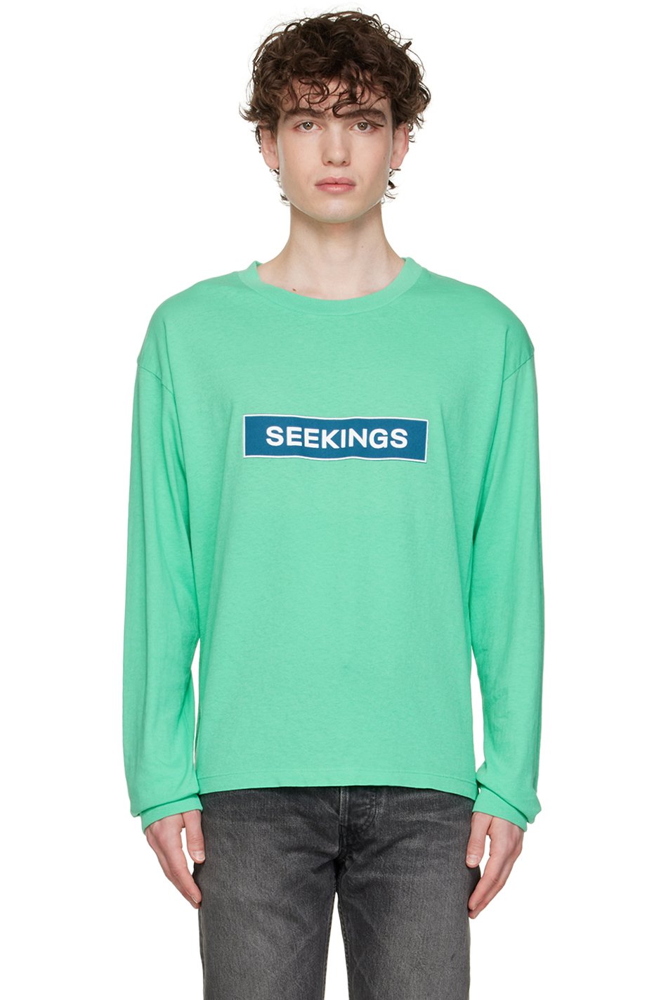 SEEKINGS - Green Cotton Long Sleeve T-Shirt