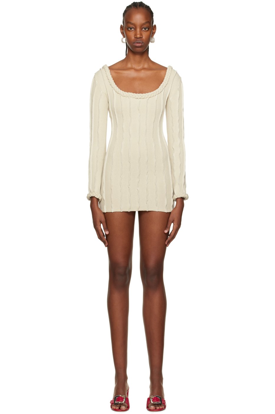 Helenamanzano - Robe courte beige à ornement tressé et à rayures 3D
