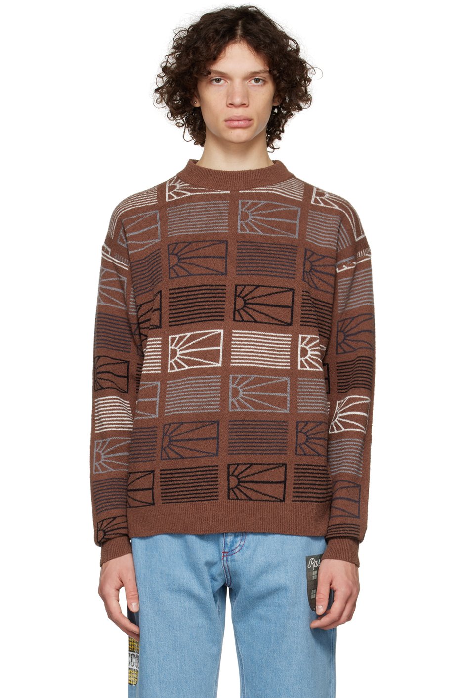 Rassvet - Pull brun à motif graphique en tricot jacquard