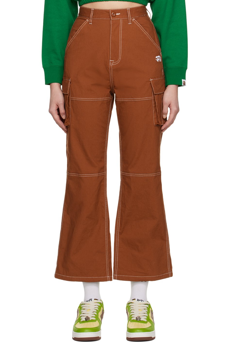 BAPE - Pantalon cargo brun à taille haute et à piqûres contrastantes