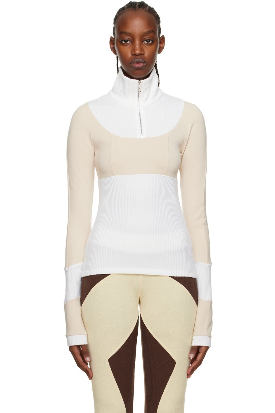 Kijun - Pull blanc et beige à demi-glissière