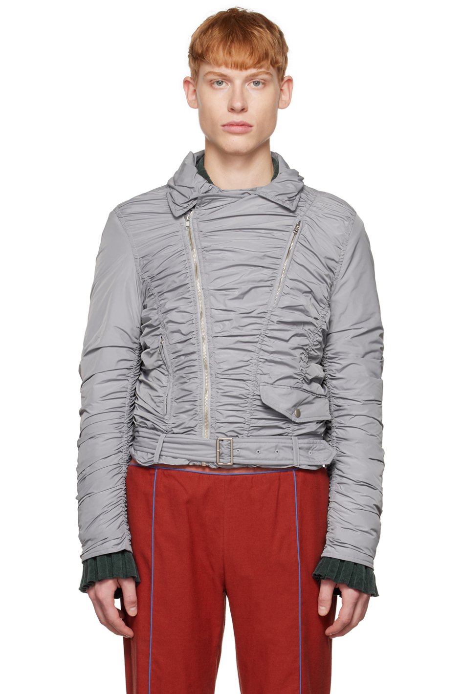 OPEN YY - Blouson aviateur gris à effet ruché exclusif à SSENSE