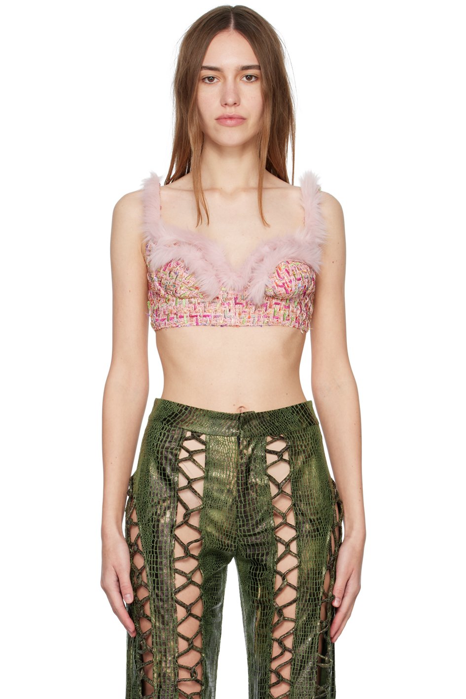 KIM SHUI - Soutien-gorge léger rose à garniture en fourrure synthétique exclusif à SSENSE
