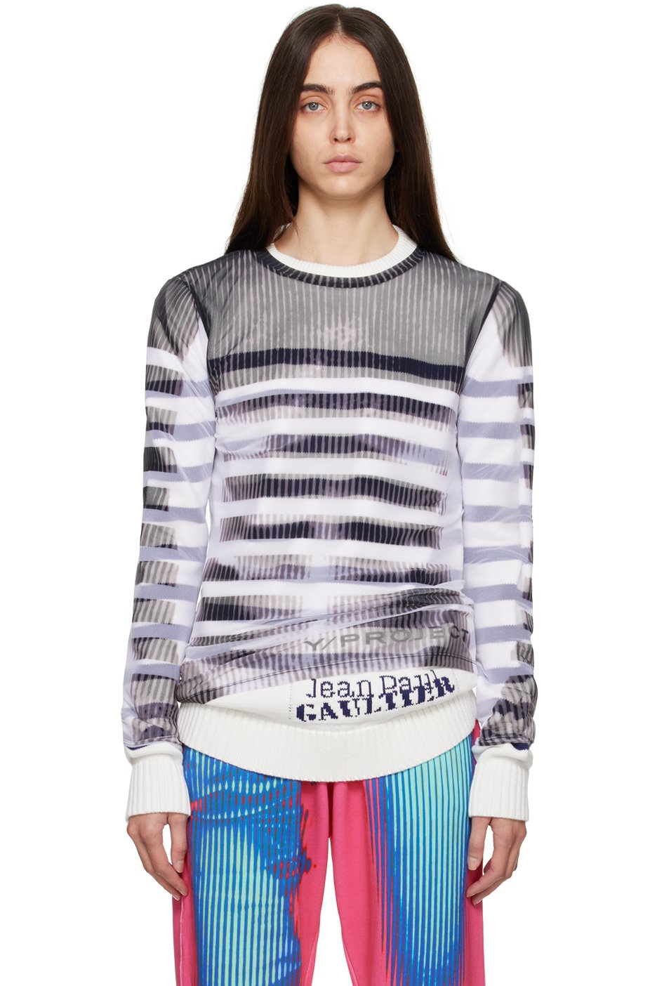 Y/Project - Pull molletonné de style marinière noir et blanc édition Jean Paul Gaultier