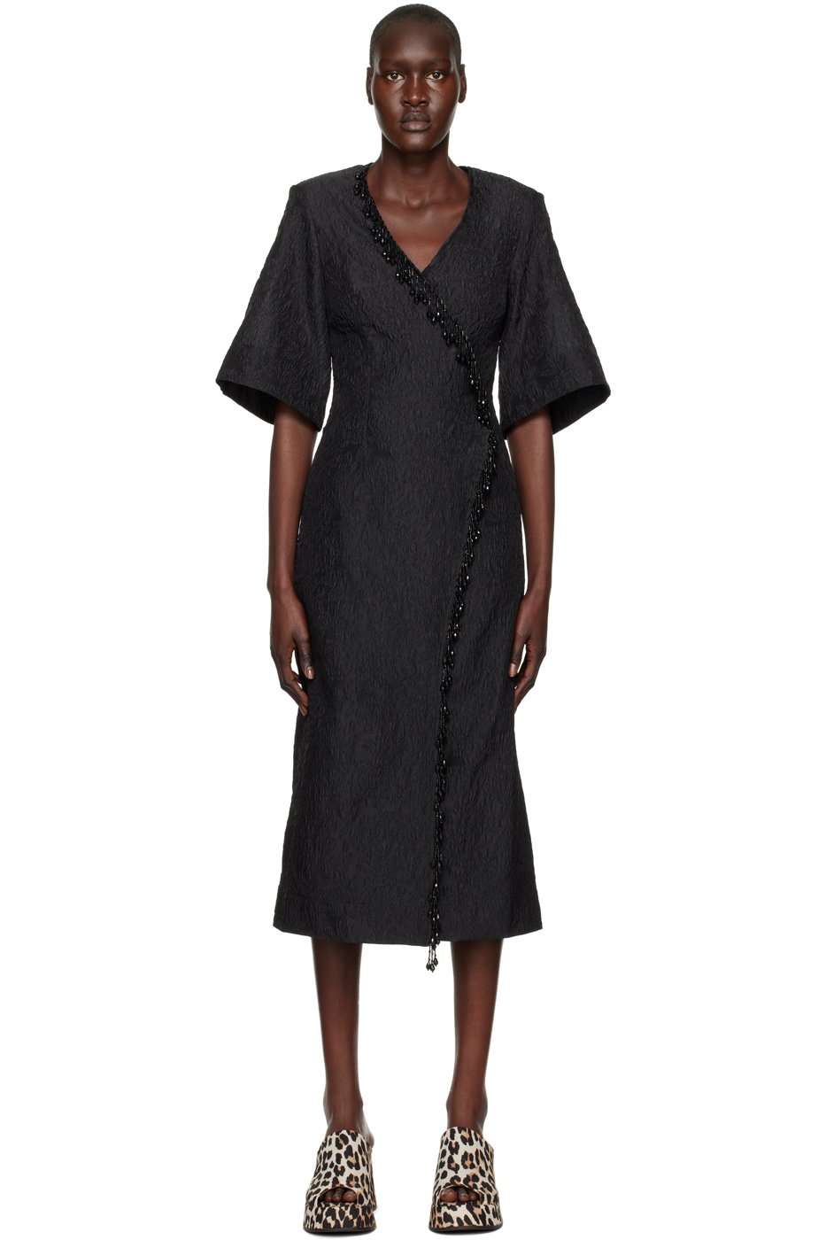 GANNI - Robe midi noire à frange à perles