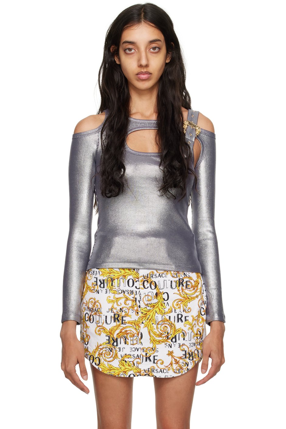 Versace Jeans Couture - T-shirt à manches longues argenté à boucle à ardillon
