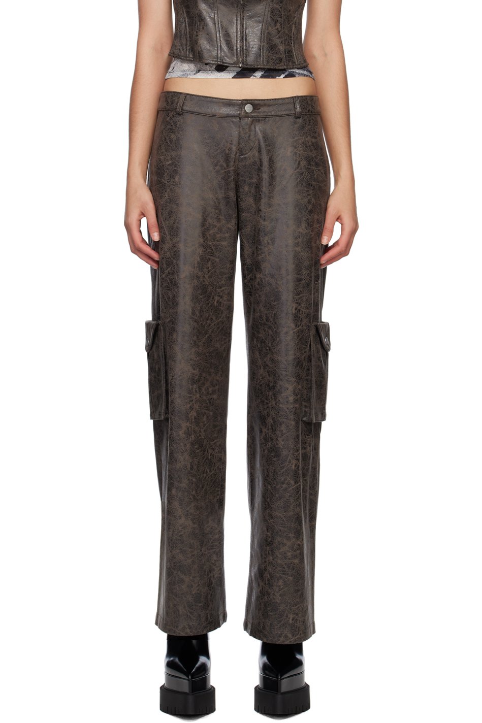 Miaou - Pantalon Elias brun en cuir synthétique