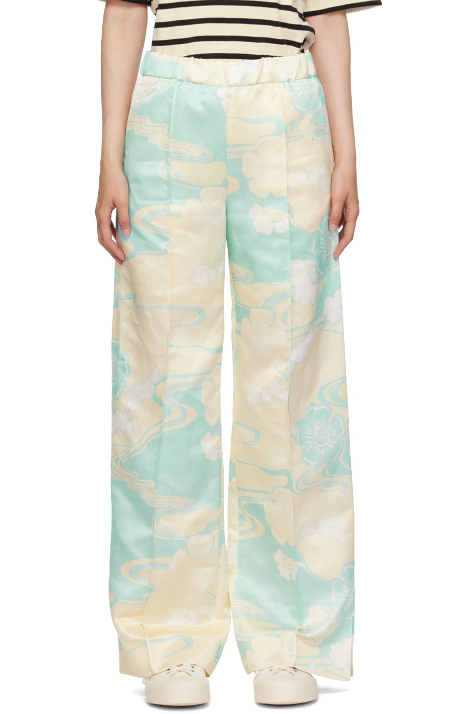 Jil Sander - Pantalon blanc cassé et bleu à motif graphique