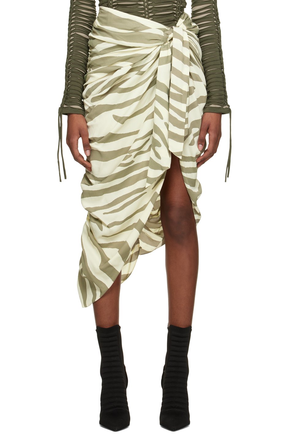 Balmain - Jupe midi beige et kaki à motif zébré imprimé