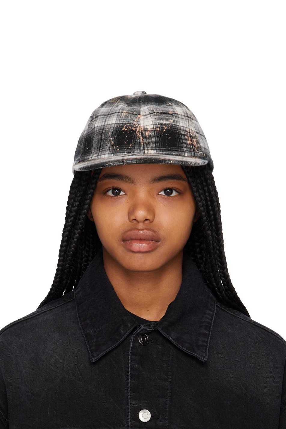We11done - Casquette noire à carreaux à effet décoloré
