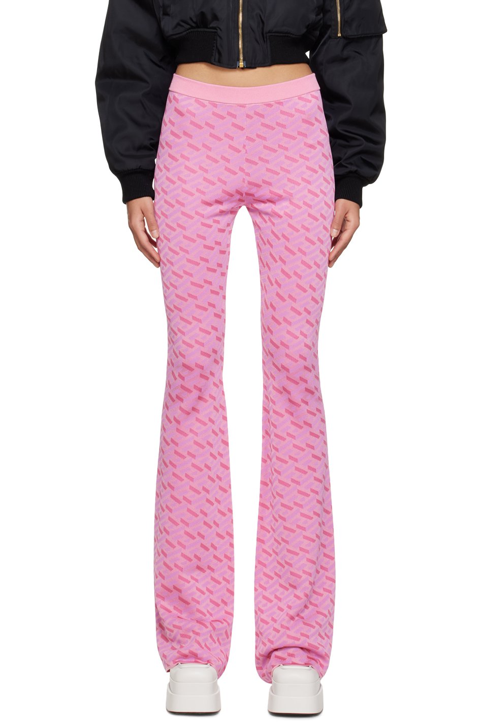 Versace - Pantalon de détente rose à motif à clé grecque