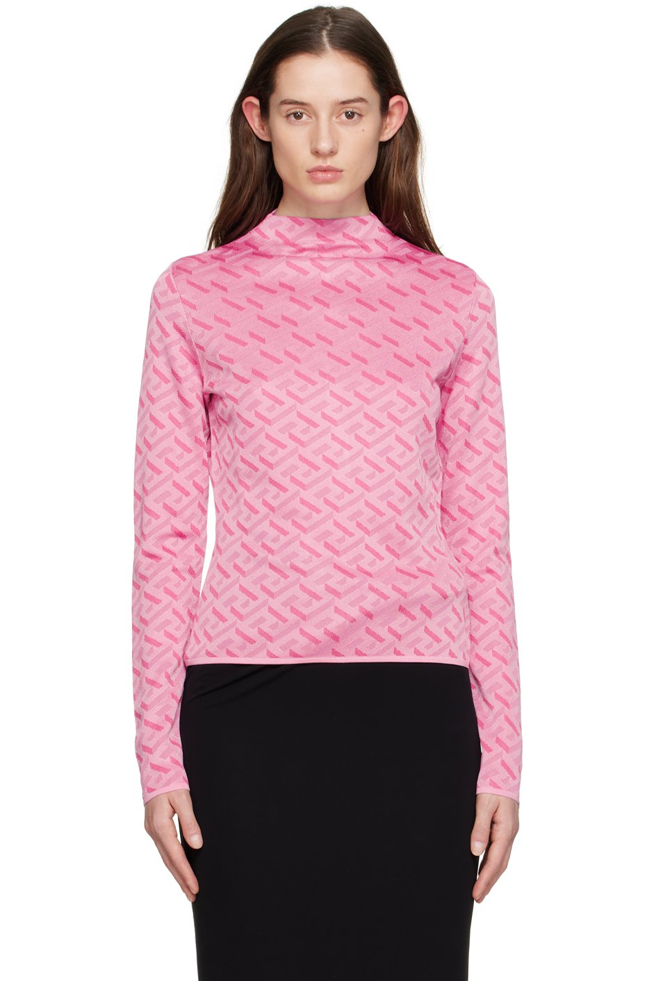Versace - Pull à manches longues rose à col ras du cou et à motif à clé grecque