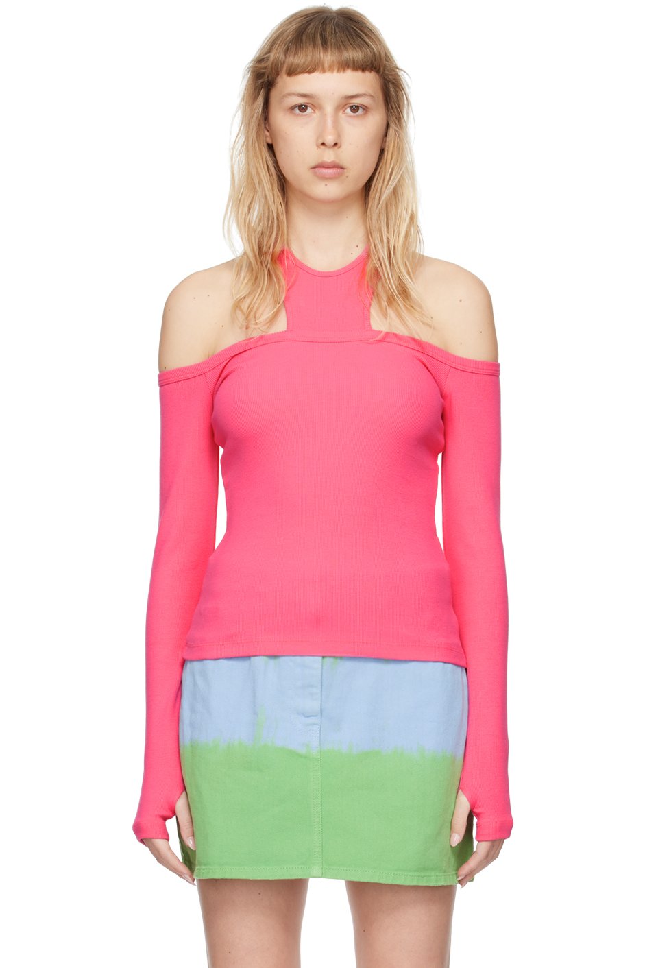MSGM - T-shirt à manches longues rose à découpes