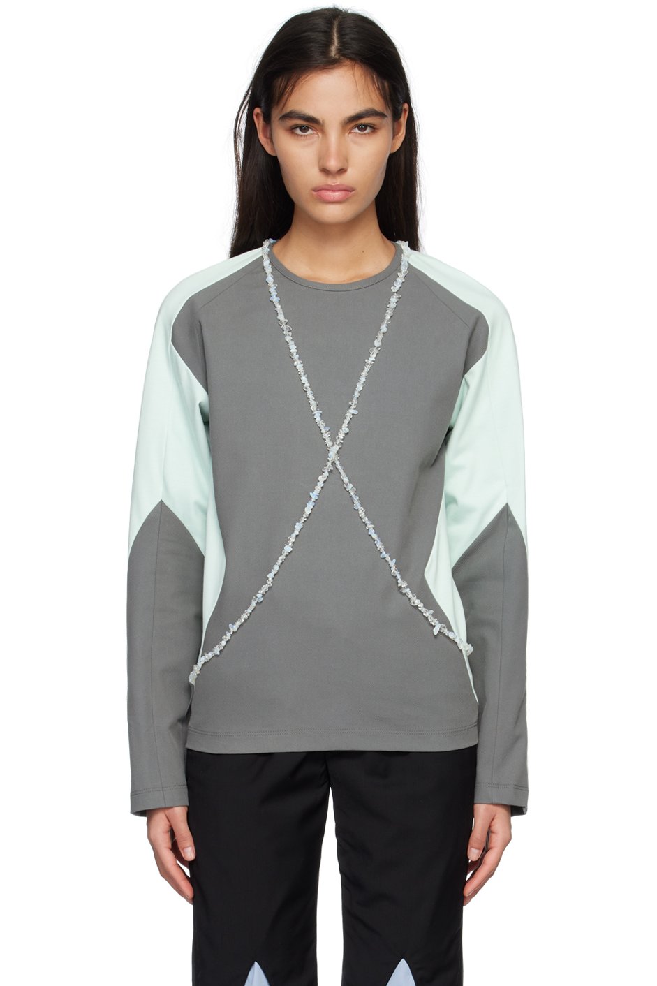 Strongthe - T-shirt à manches longues gris et vert à ornements en quartz