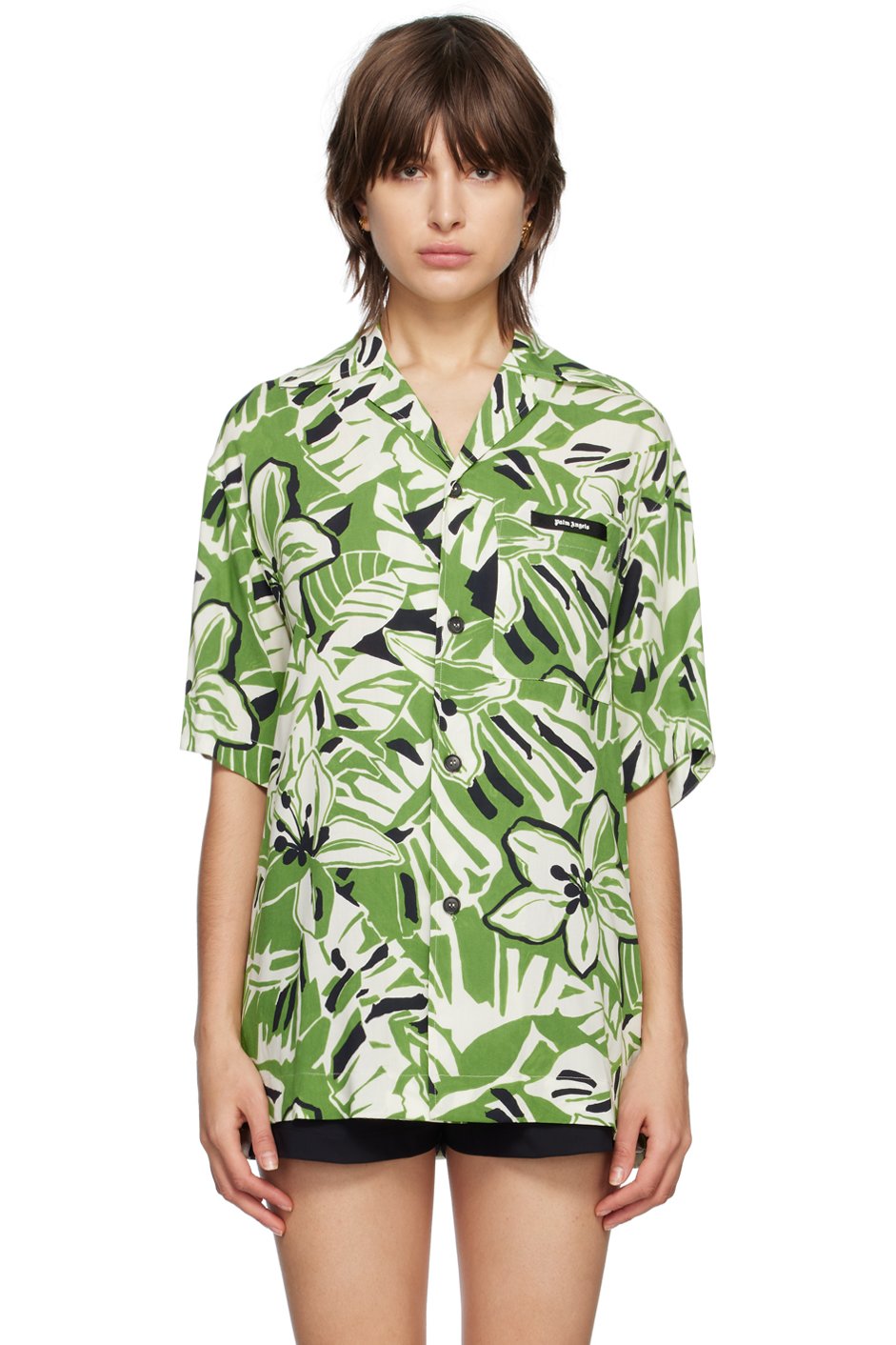 Palm Angels - Chemise de bowling vert et blanc à motif fleuri