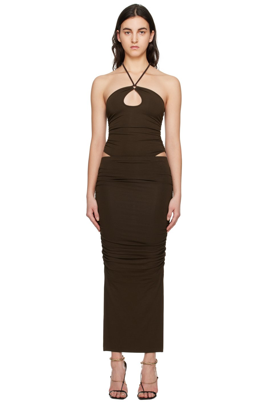 lesugiatelier - Robe longue brune à effet bouillonné
