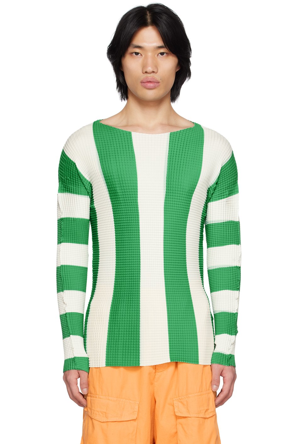 SUNNEI - Green & White Pleated Stripe T-Shirt