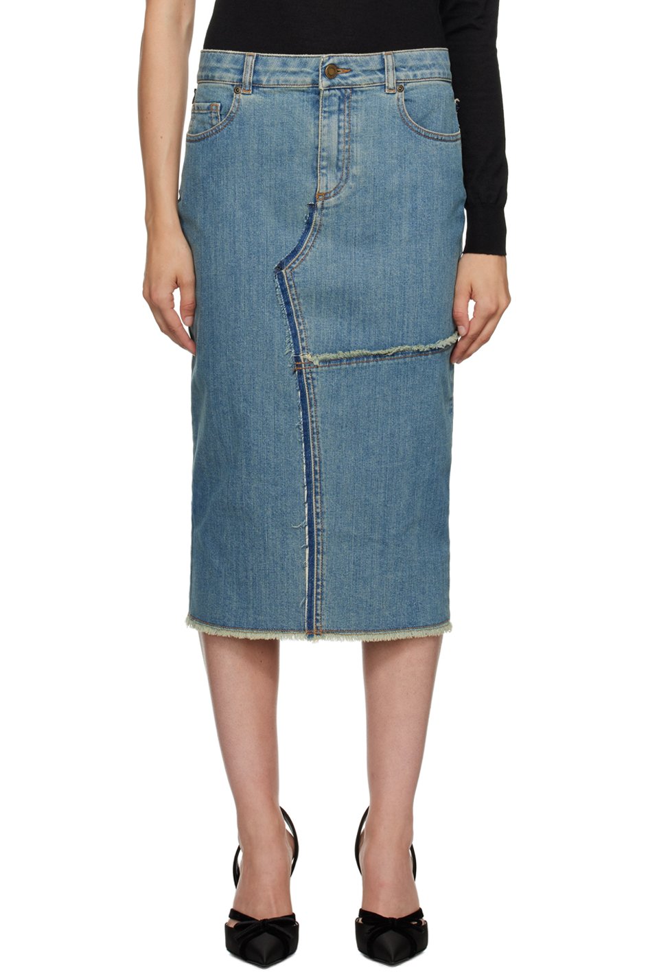 TOM FORD - Jupe midi bleue en denim à bords effilochés