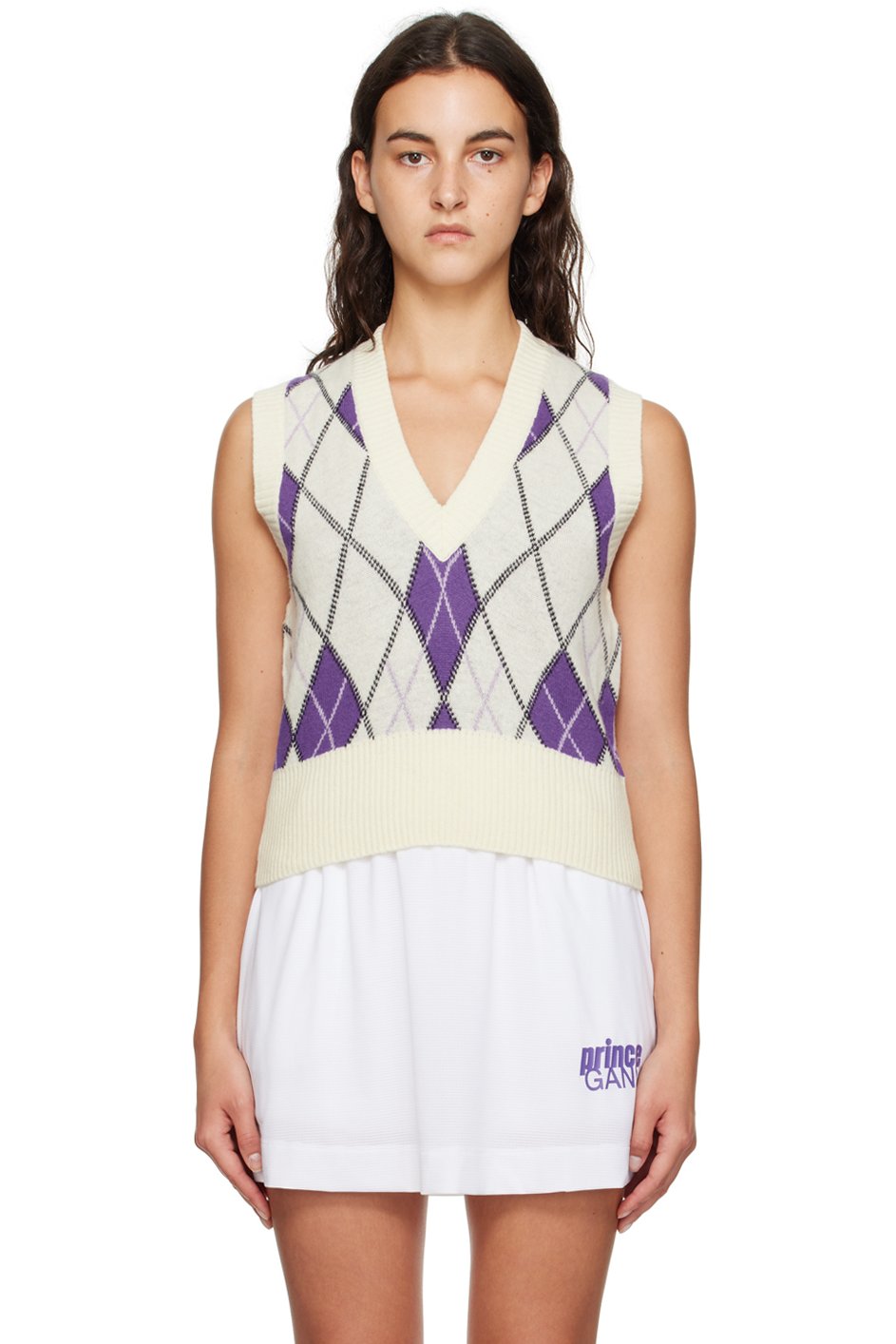 GANNI - Gilet blanc cassé à motif argyle édition Prince