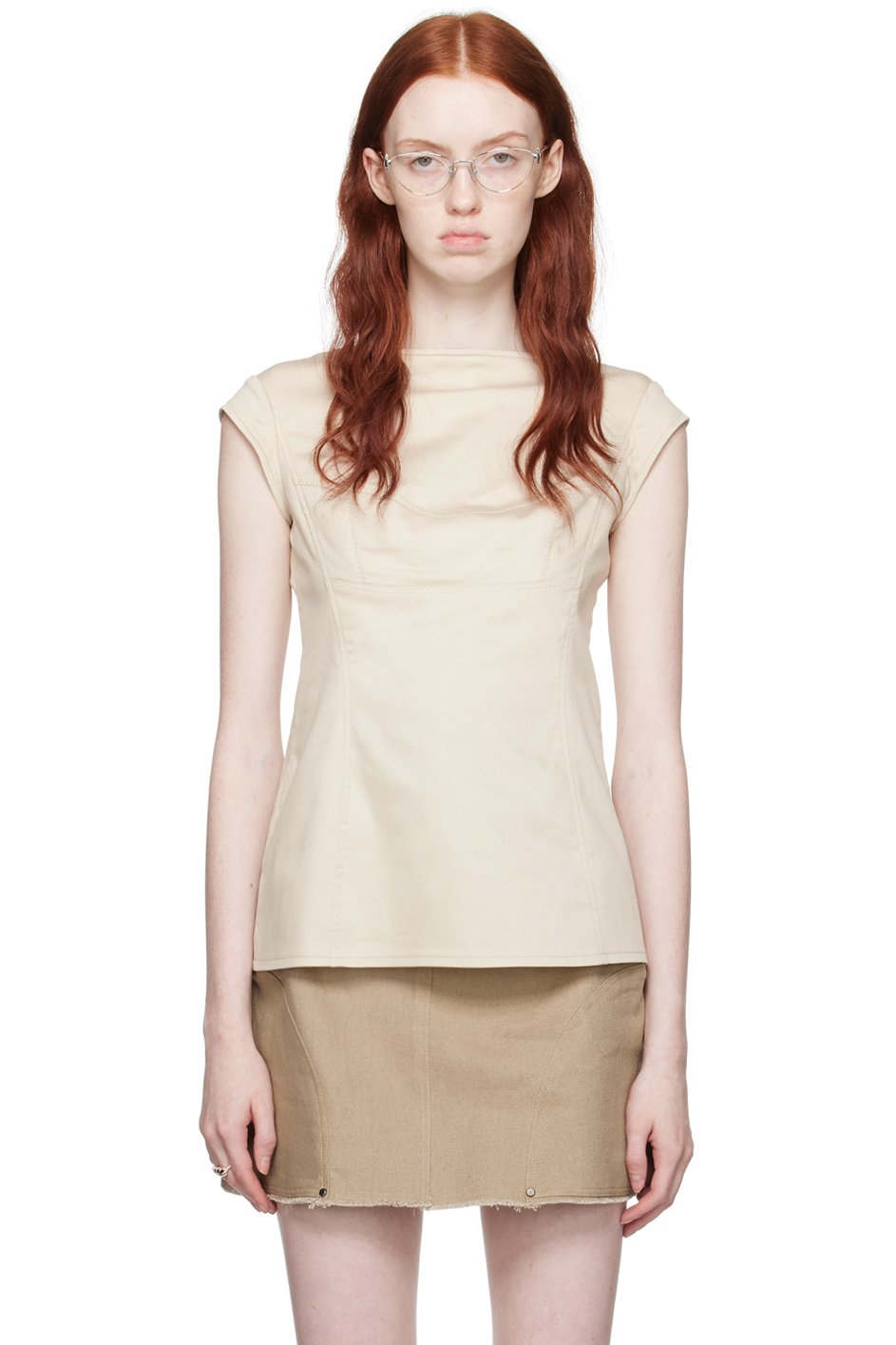 Elena Velez - T-shirt beige à mancherons