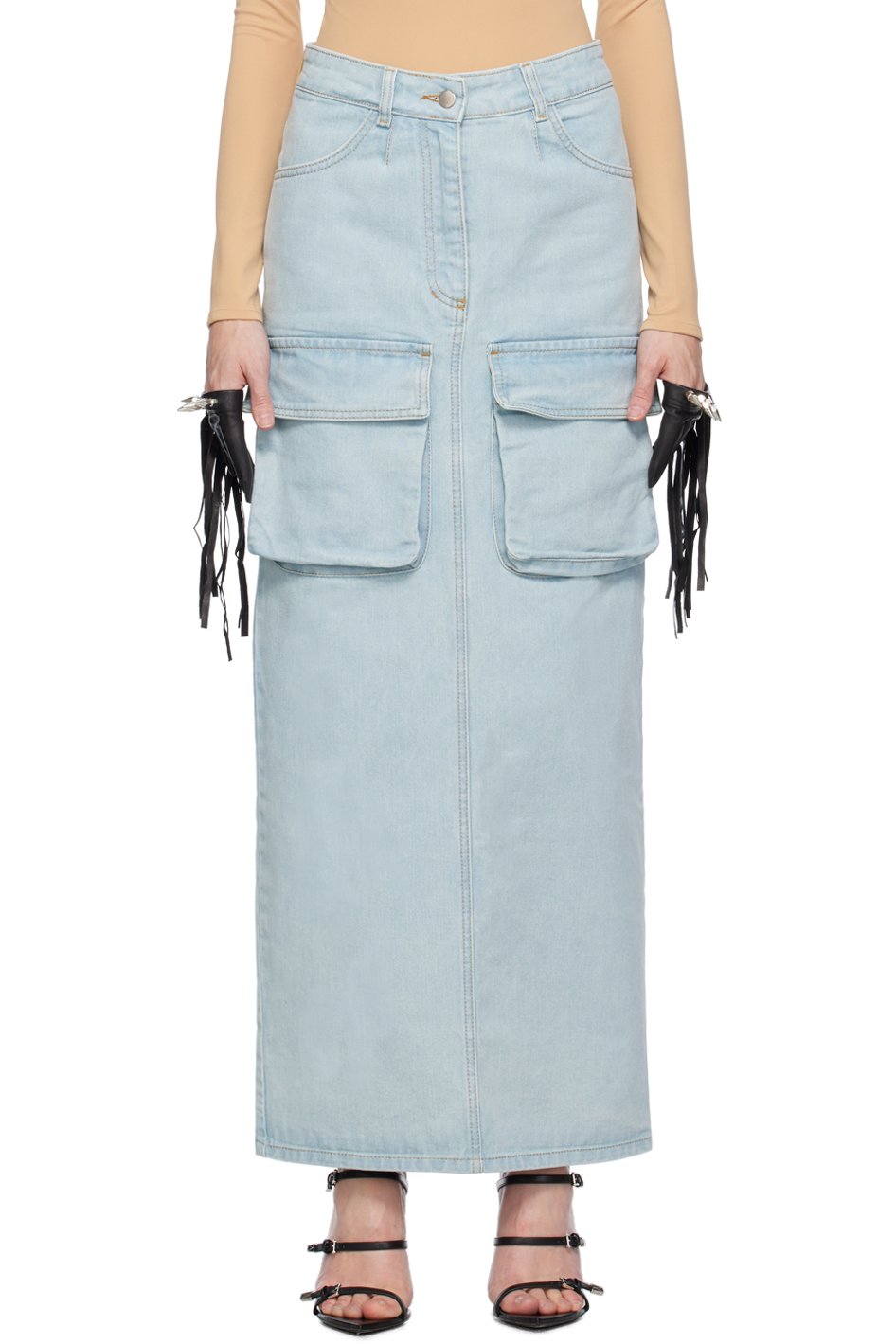 Lado Bokuchava - Jupe longue bleue en denim à poches cargo