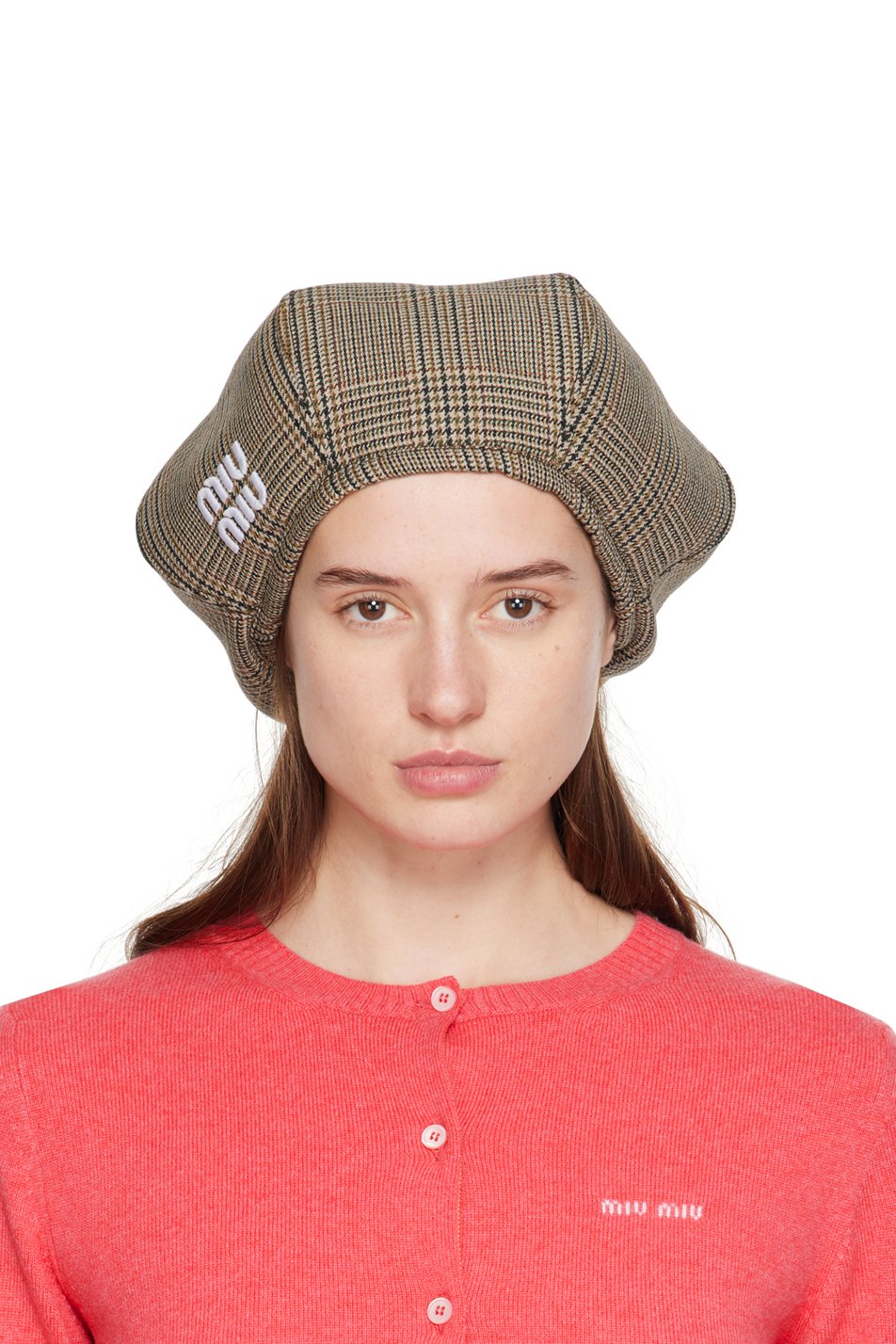 Miu Miu - Béret beige à motif pied-de-poule