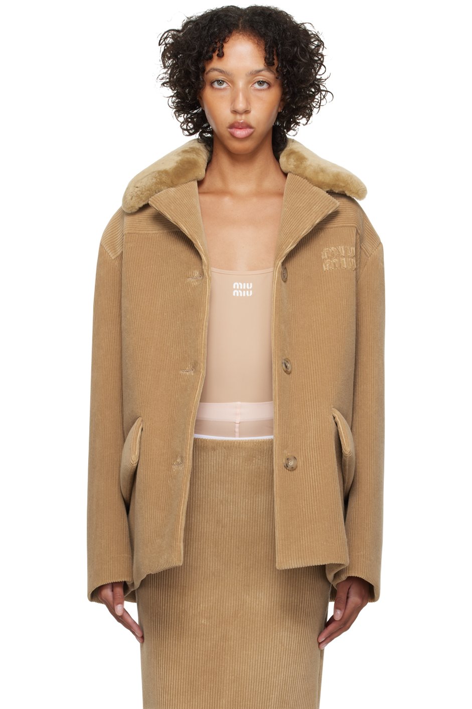 Miu Miu - Blouson brun clair à appliqué à logo brodé