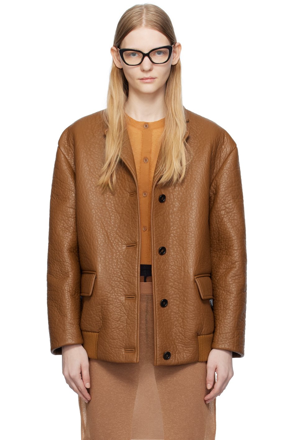 Miu Miu - Blouson brun clair en cuir à revers tailleur