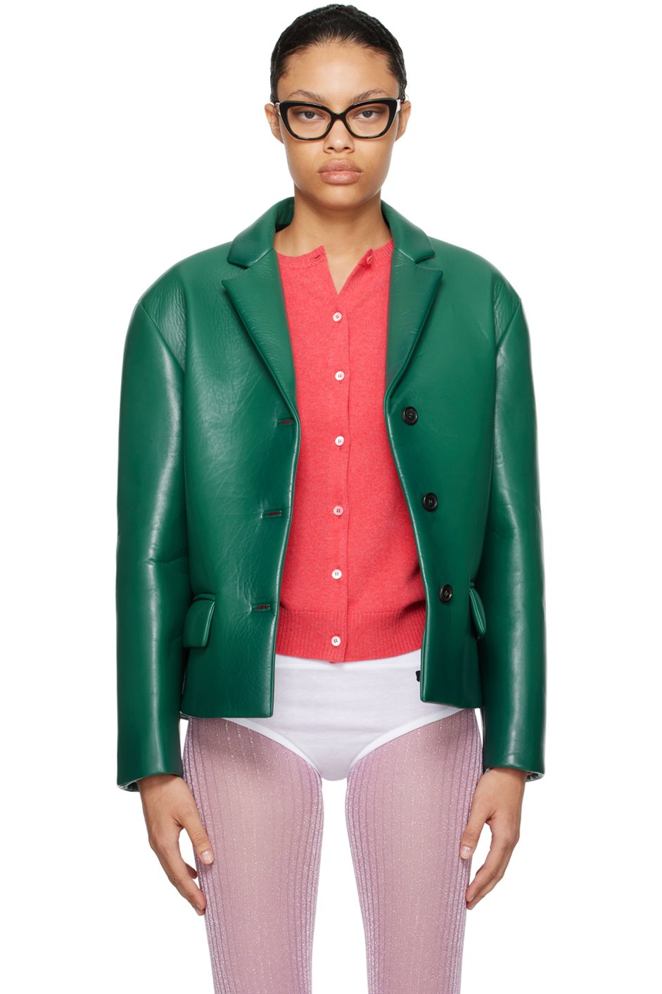 Miu Miu - Blouson rembourré vert en cuir