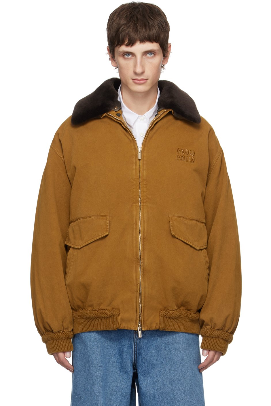 Miu Miu - Blouson aviateur brun à col en fourrure synthétique
