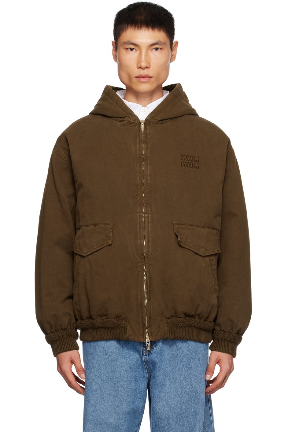 Miu Miu - Blouson brun rembourré en duvet à capuche