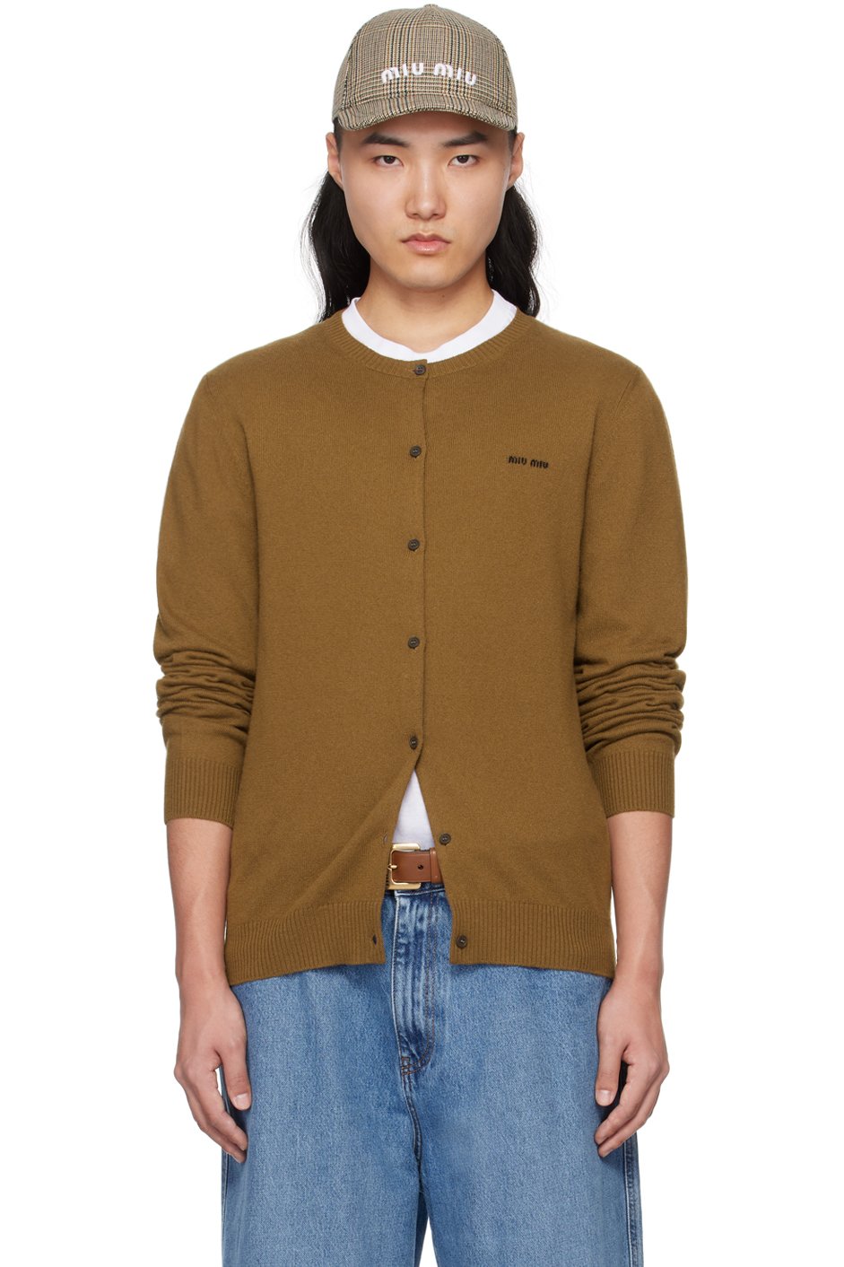 Miu Miu - Cardigan brun à logo en tricot jacquard